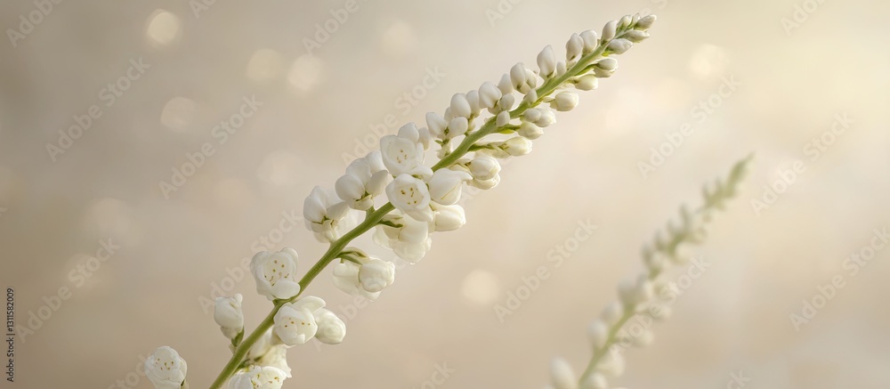 Poster delicate white flowers of reseda alba lightly arranged on a blurred soft background with warm tones 