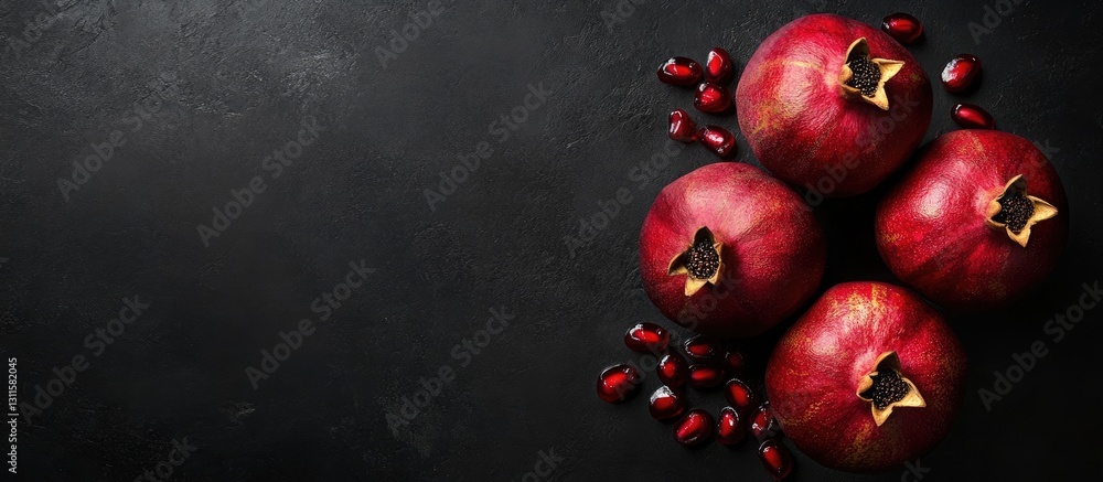 Aufkleber ripe red pomegranates arranged on a dark textured background with pomegranate seeds scattered and am