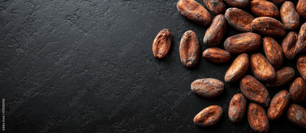 Poster roasted cocoa beans scattered on a textured black background with space on the left for text showcas