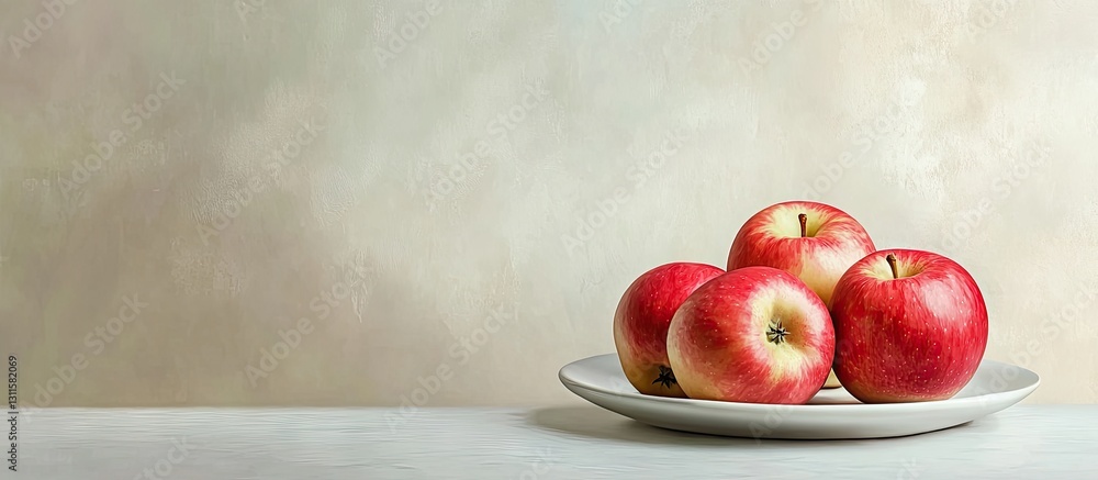 Poster ripe red apples arranged on a white plate with a soft beige background showcasing a minimalistic aut