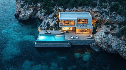 Modern cliffside villa with infinity pool overlooking serene ocean at dusk, ideal for luxury retreats