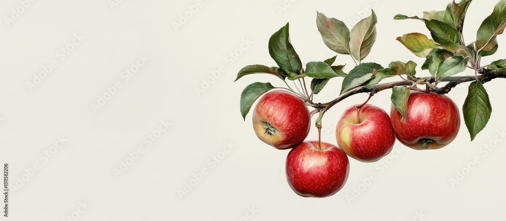 Poster ripe red apples hanging from a branch with green leaves against a light beige background creating a 