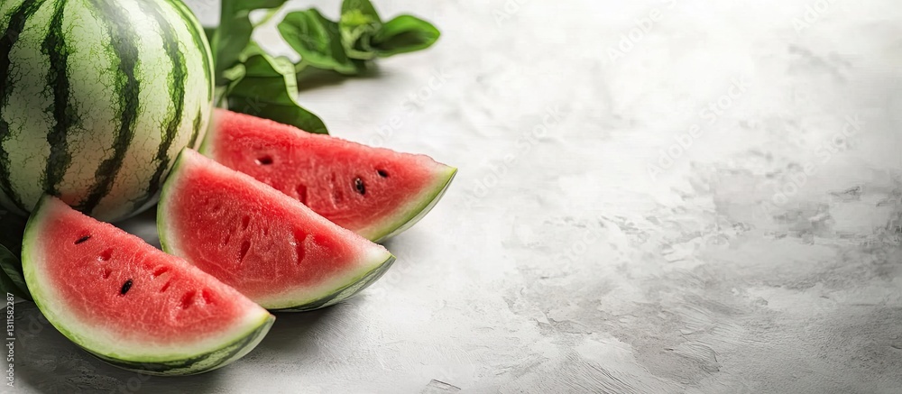 Poster ripe watermelon slices positioned on a textured gray stone background with green leaves and ample co