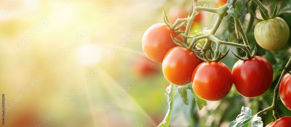 Poster bountiful ripe red tomatoes clustered on green vines illuminated by warm sunlight in a vibrant farm 