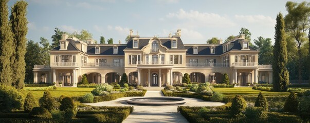 Elegant grand mansion surrounded by lush gardens, showcasing luxurious architecture and timeless beauty.