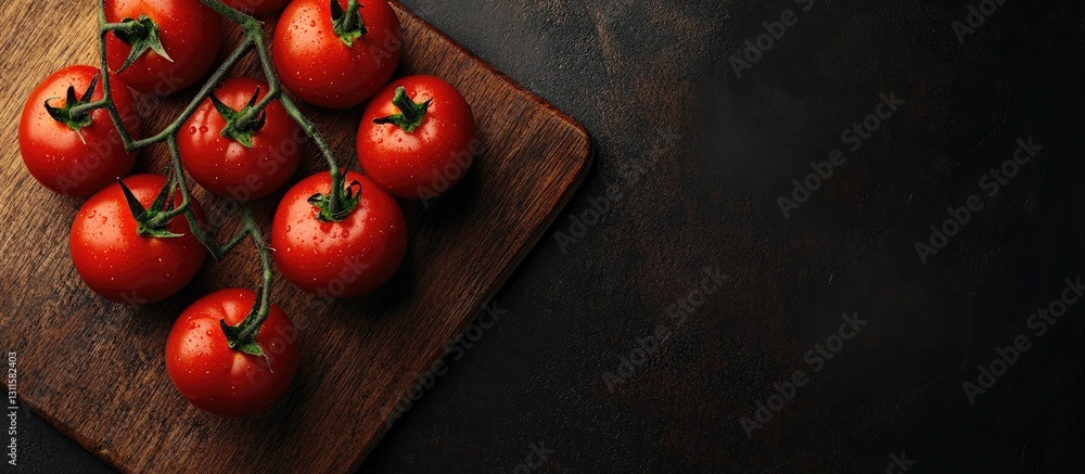 Poster ripe red tomatoes clustered on a wooden cutting board against a dark background with space for text 