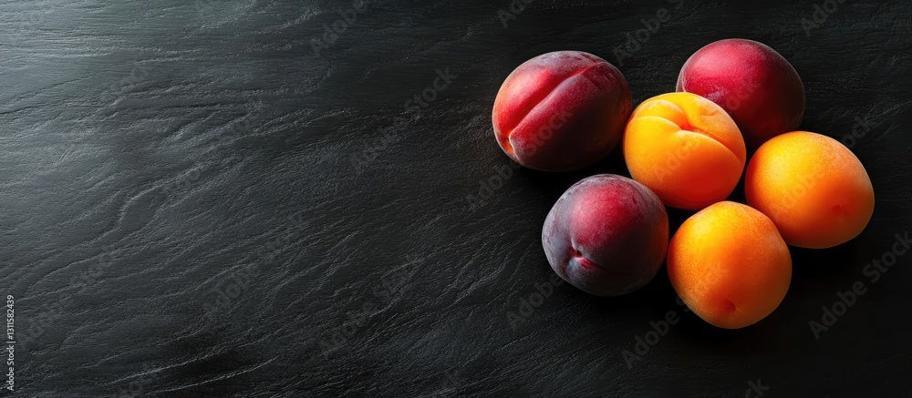 Poster ripe apricots and plums arranged on a textured black wooden surface with ample copy space on the lef