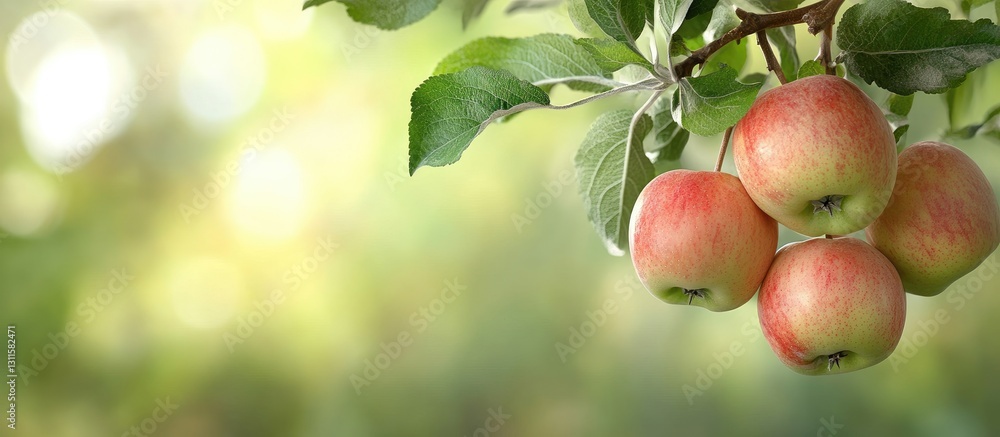 Poster fresh ripe apples clustered on a branch with lush green leaves illuminated by soft sunlight in a blu