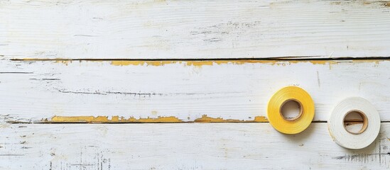 Carpenter repair tools featuring yellow and white protective tape on a textured aged white wooden surface with ample copyspace on the left.