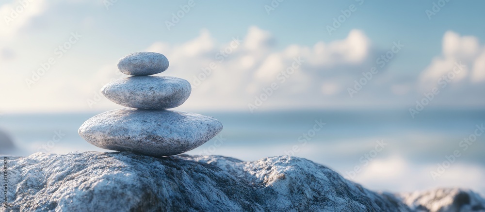 Poster balanced stones stacked on a textured rock by the calm seaside with a blurred ocean and soft clouds 