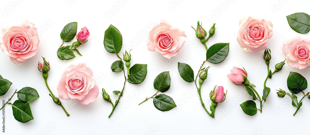 Poster delicate pink roses and buds arranged on a white background with green leaves, creating a beautiful 
