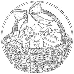 Fototapeta premium Easter eggs in a basket with a bow.Coloring book antistress for children and adults. 