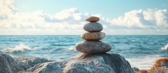 Balanced stones stacked on a rock at the seaside against a blue sky with clouds, calm ocean waves in the background, serene and tranquil scene.