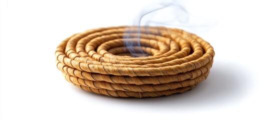 Obraz premium Natural hand-crafted spiral incense coil in warm brown tones, positioned centrally with gentle smoke wafting upwards against a white background.