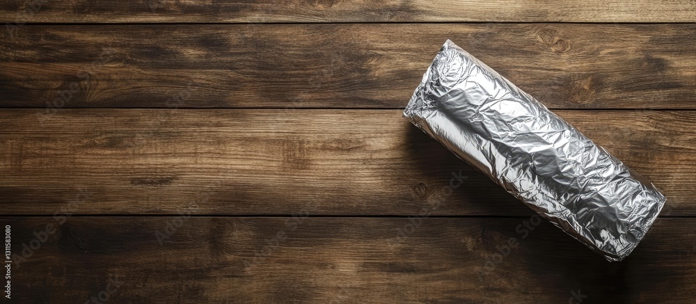 Aufkleber roll of aluminum foil on a rustic wooden table from above with warm brown tones in the background an