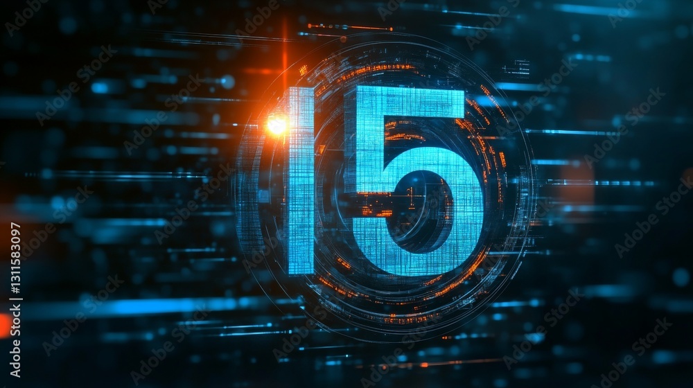 Poster glowing 3d number 15 on digital binary code background futuristic technology concept,