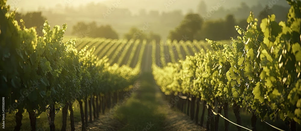 Poster vast green vineyard rows extending towards the horizon under warm sunset light with blurred backgrou