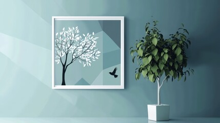 Obraz premium Teal room, framed tree art, potted plant, minimalist decor, home design