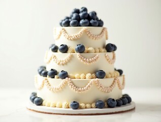 Classic multi-tier cake with blueberry topping and creamy biscuit layers, photographed to emphasize crucial elegance. Crucial vintage piping and white chocolate notes enhance festive flair