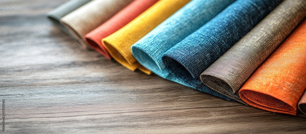 Aufkleber colorful fabric samples arranged in a row on a rustic wooden table showcasing various textures in wa