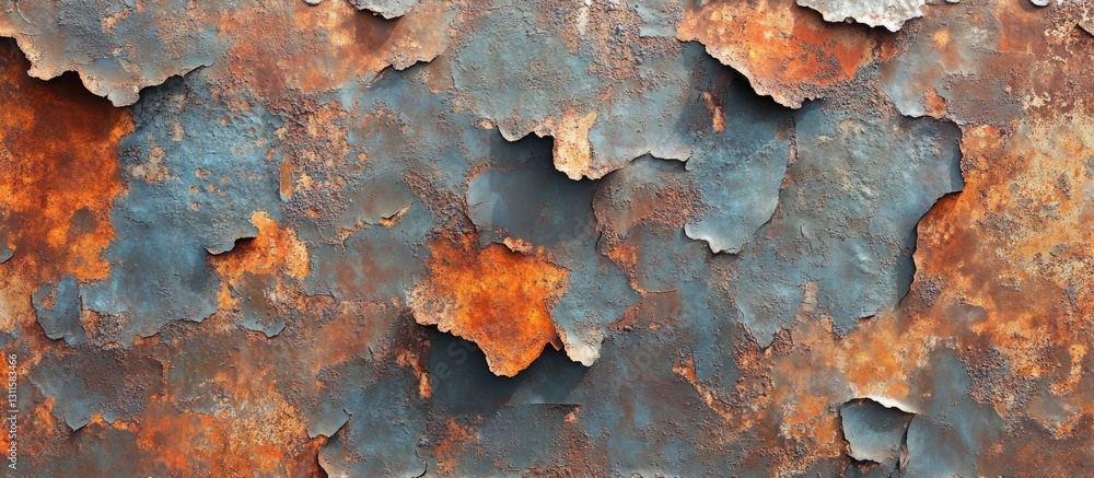 Poster aged rusty metal surface displaying blue and orange peeling paint with textured patches creating a w