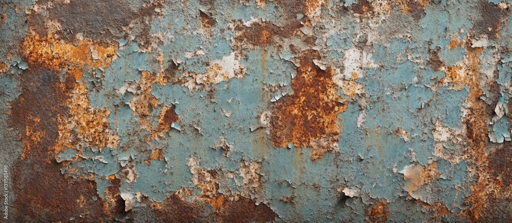 Poster weathered rusty metal texture with peeling blue and orange paint, showcasing intricate patterns and 