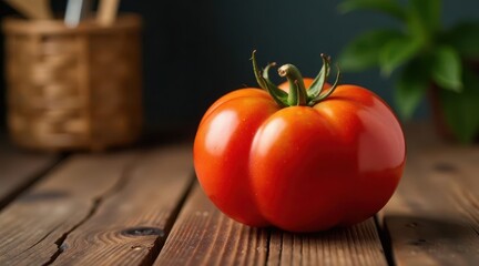 A single, ripe heirloom tomato rests on a rustic wooden surface, capturing the essence of garden freshness
