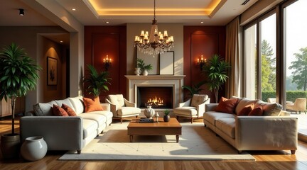 Luxurious Living Room Interior Design with Elegant Furnishings and Warm Lighting