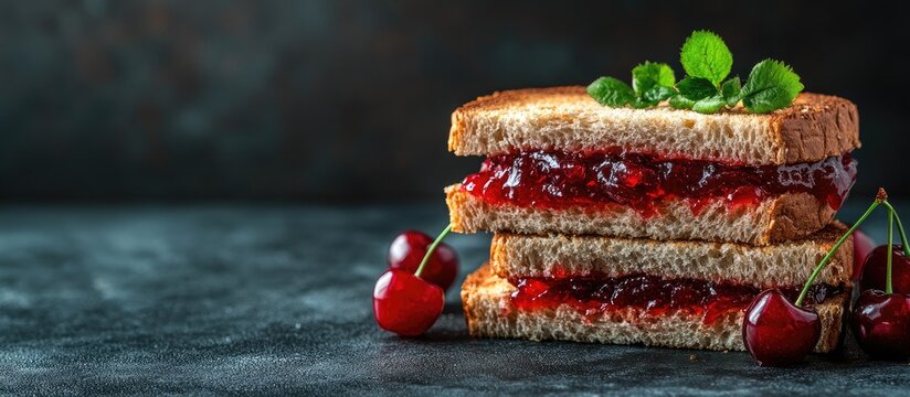 Delicious cherry jam sandwich stacked on dark textured surface with fresh cherries and mint leaves garnishing the top slice in vibrant colors