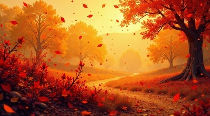 Autumnal Path A Serene Landscape with Falling Leaves and Golden Sunlight Illuminating a Winding Trail Through a Forest of Vibrant Red and Orange Trees