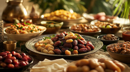 A vibrant spread of assorted nuts and dried fruits on a rustic table, with traditional dishes and greenery in the background
