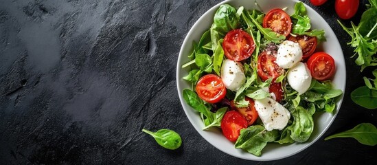 Fresh green salad with cherry tomatoes and mozzarella balls in a white bowl on a dark textured background, garnished with herbs and spices.