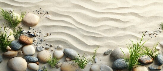 Sand texture with gentle ripples in the background accented by small stones and grass along the bottom left creating a serene natural design