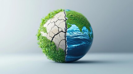 Climate Change drought concept. Conceptual representation of Earth divided between nature and damage.