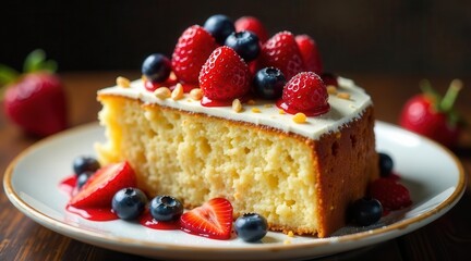 A delightful slice of vanilla cake, elegantly adorned with fresh strawberries, blueberries, and a delicate white frosting, served on a pristine plate