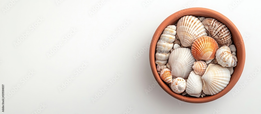 Poster clay pot filled with assorted seashells and stones atop a white background showcasing neutral tones 