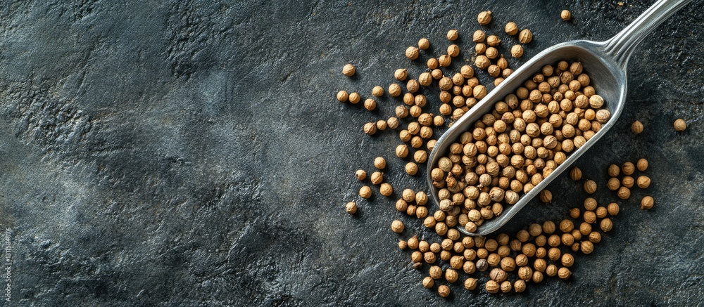 Poster scoop filled with dried coriander seeds positioned on a dark gray textured surface with scattered se