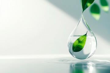 A large transparent drop of water hangs in the air on a white background, and inside it is a bright green leaf. Clean and bright background, soft shadows