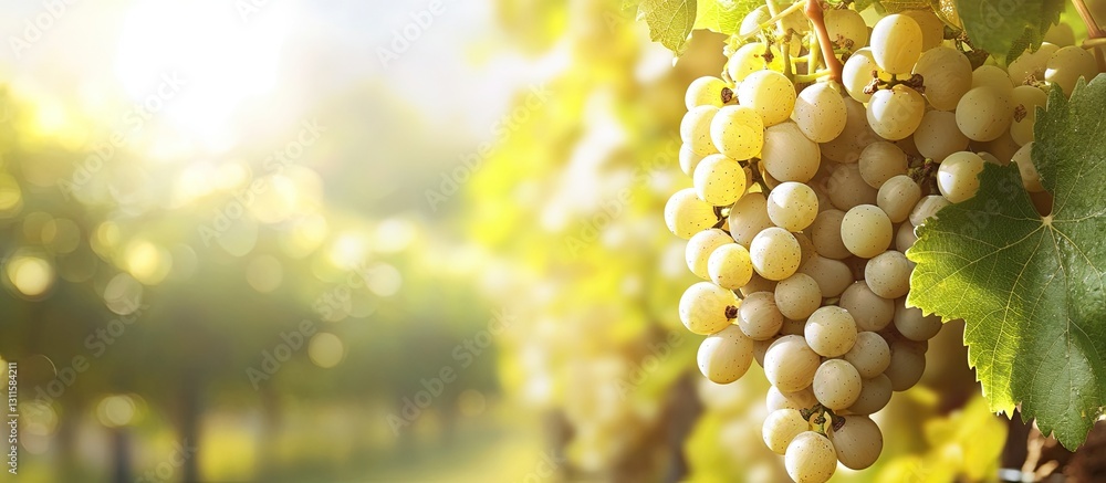 Poster sauvignon blanc grapes clustered on a vine in soft sunlight with lush green leaves in focus and a bl