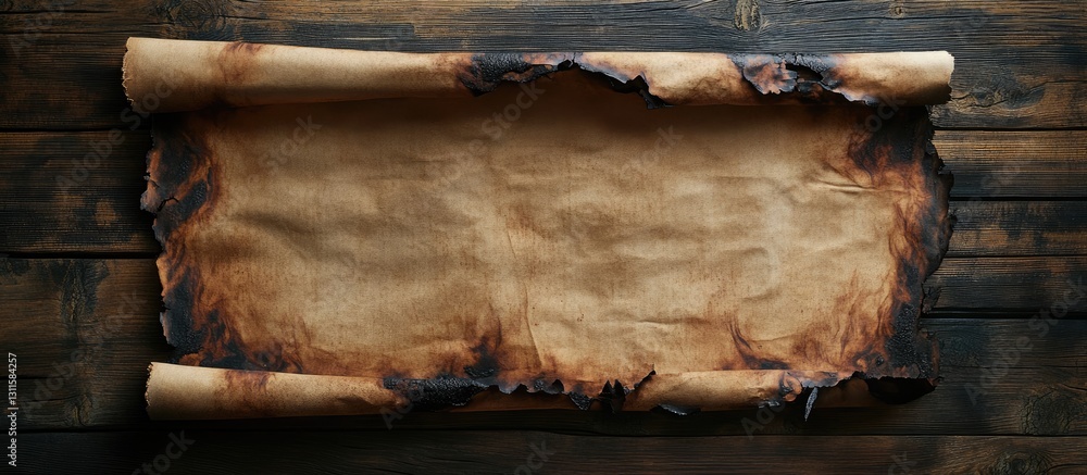 Poster aged scroll of burnt parchment with charred edges centered on a dark wooden surface showcasing rich 