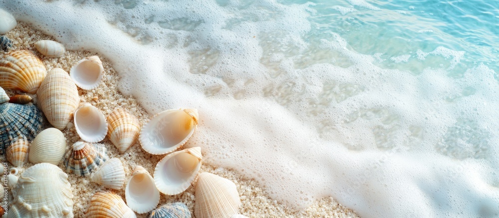 Poster seashells arranged on a sandy beach with gentle waves in light blue ocean water creating a serene co