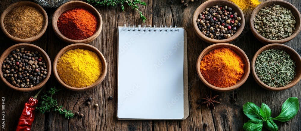 Poster colorful array of spices in round bowls arranged around a blank notepad on a rustic wooden table wit