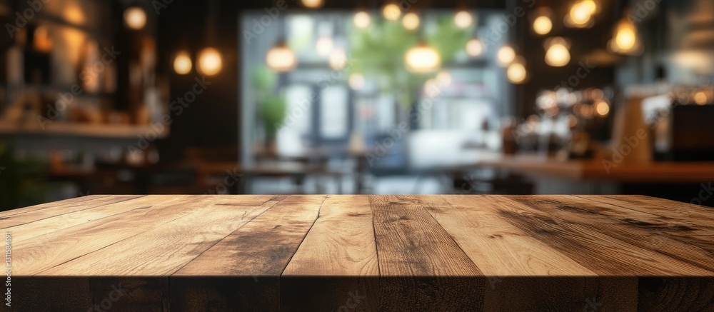 Poster brown wooden table in sharp focus with blurred coffee shop background and warm bokeh lights creating