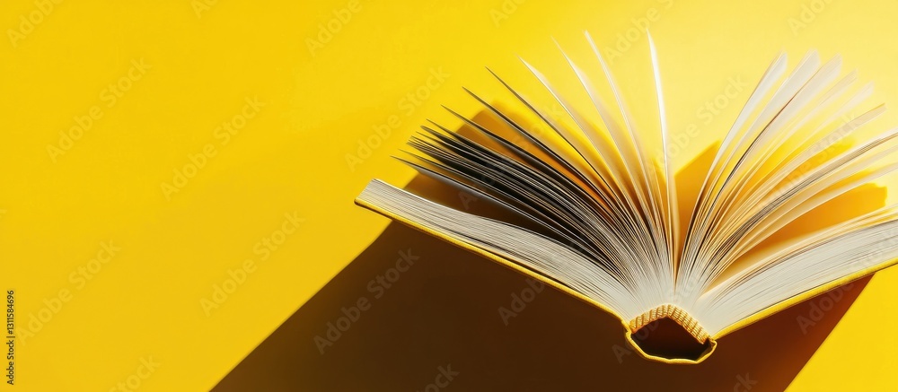 Poster open book casting shadows on a vibrant yellow background with ample copyspace, showcasing its bright