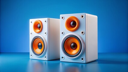 Stylish Minimalist White Sound System with Orange Speakers on Blue Background - Stock Photo