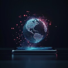 A holographic earth emerging from a smartphone screen.