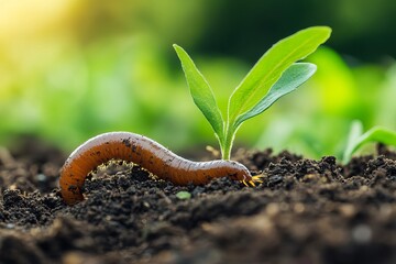Millipede and Sprout in Rich Soil Vibrant Green Plant Growth Nature Photography Early Spring Detailed Macro Shot Environmental Conservation Worm Life 