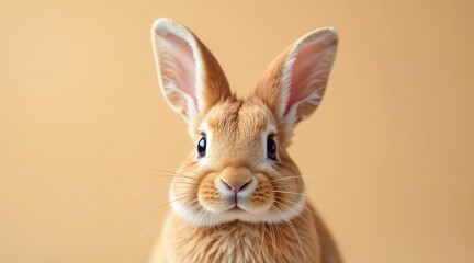Obraz premium A Close-Up Portrait of an Adorable Orange Bunny with Long Ears and Whiskers, Looking Directly at the Camera Against a Soft Tan Background