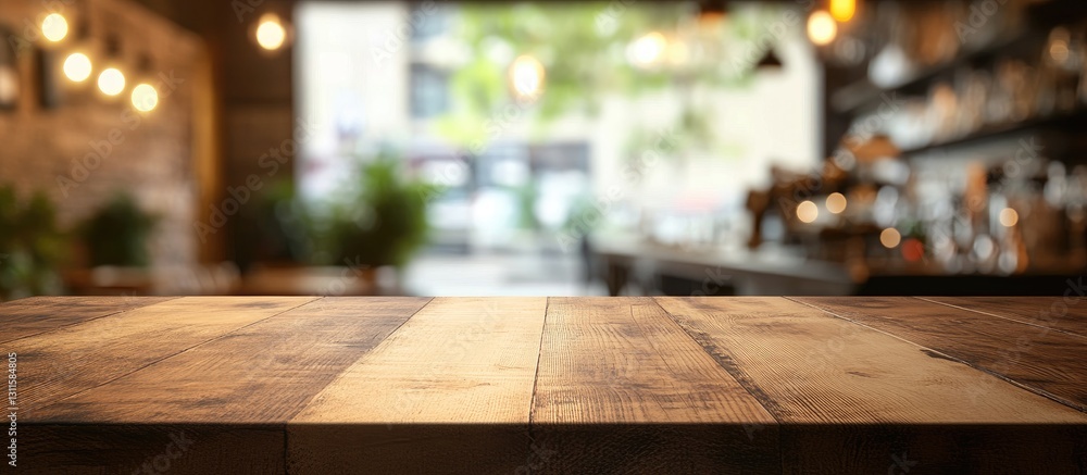 Poster empty brown wooden table in foreground with blurred coffee shop background featuring bokeh lights an