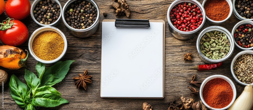 Poster colorful assortment of spices in metal containers surrounding a blank notepad on a rustic wooden tab